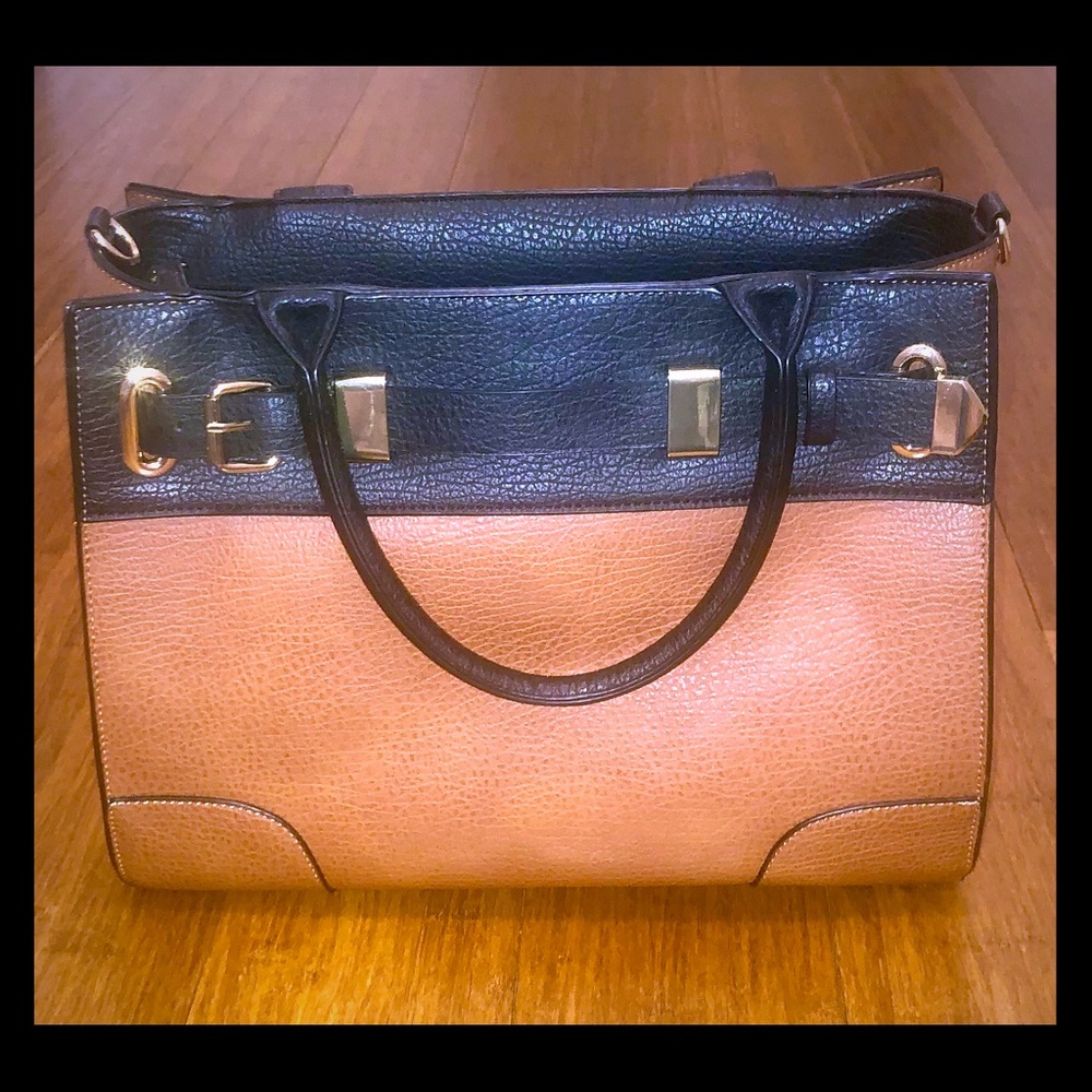 Tan and black satchel